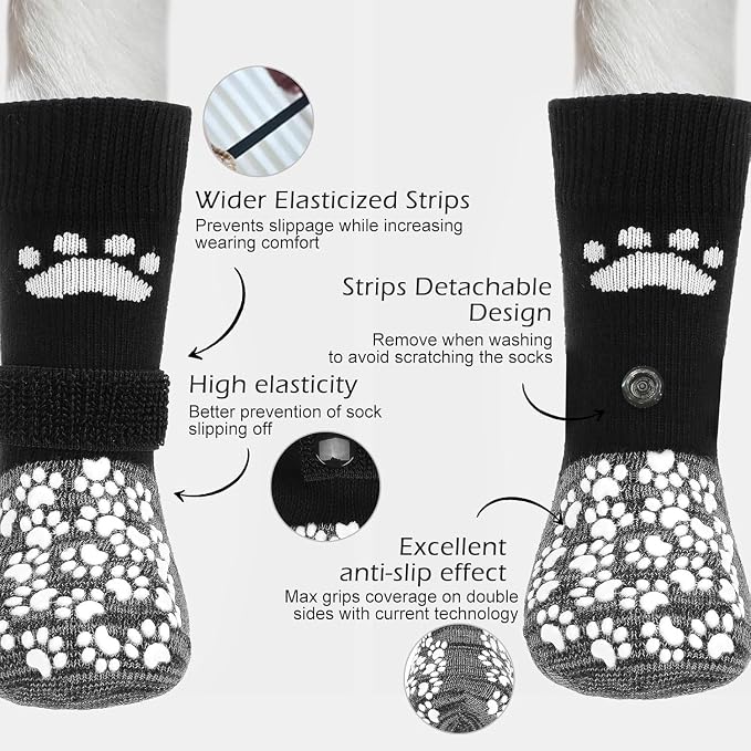 EXPAWLORER Anti Slip Dog Socks to Prevent Licking Paws, Shoes for Hot Pavement, Dog Booties for Small Medium Large Senior Dogs, Traction Control Boots & Paw Protectors for Hardwood Floors Black&Grey