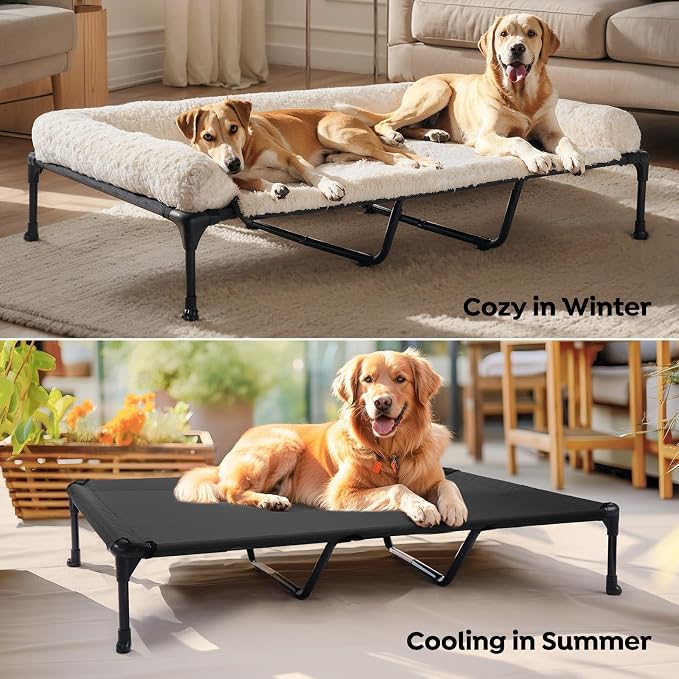 Veehoo Orthopedic Elevated Dog Bed Add Removable Deluxe Rose Plush Bolster Cushion Mat, 59" x 37" Washable Dog Couch Bed, Raised Pet Cot with Breathable Teslin Mesh, No-Slip Feet, White, CWC2439B