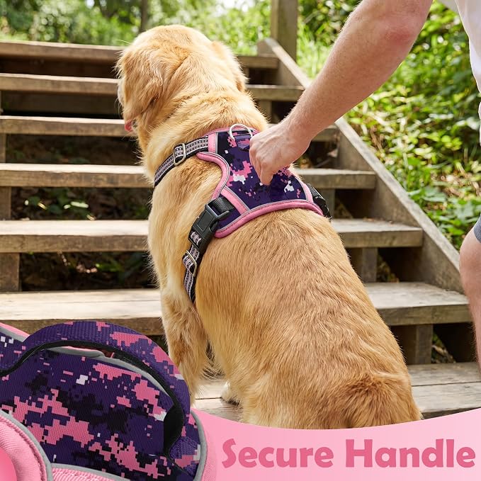 Dog Harness No Pull, Adjustable Pet Vest Harness, Super Soft Material with Vertical Handle Easy Control, Reflective Night Walking, 2 Leash Clips for Large Dogs, Mosaic Pink, L