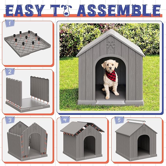 Bifanuo Outdoor Indoor Dog House for Small & Medium Dogs - Weatherproof Shelter with Elevated Floor, Hidden Vents & Tool-Free Assembly (Classic Grey, 26.18" L x 24.03" W x 25.98" H)