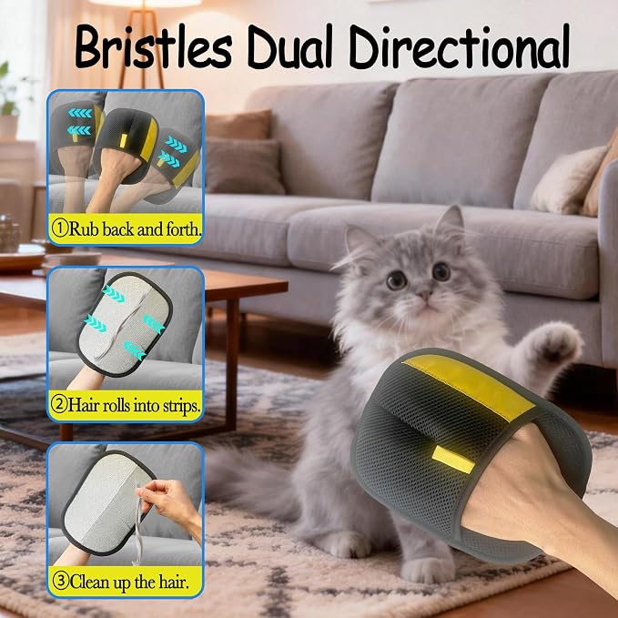 Electrostatic Pet Hair Removal Glove for Cats & Dogs, Reusable Magic Brush for Furniture & Clothes, Cat & Dog Fur Remover Tool (Black-Yellow Large 2-Pack)