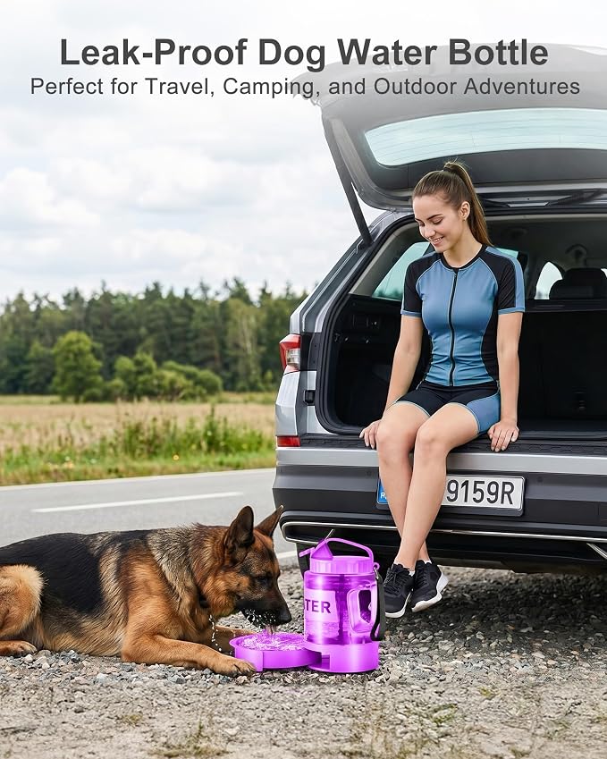 77oz Dog Water Dispenser, 2.2L Large Portable Dog Water Bottle with Pull-Out Drinking Bowl, BPA Free Leak-Proof Pet Travel Water Container for Camping, Hiking, Beach, Car Travel Essentials- Purple