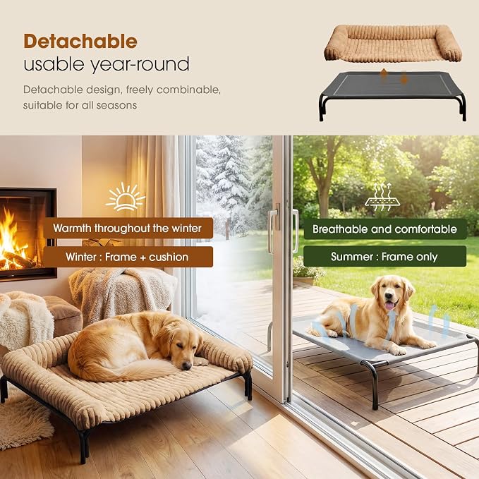 Czpalo Elevated Dog Bed with Removable Bolster Cushion Mat, Raised Pet Cot for Large Sized Dogs with Breathable & Washable Mesh, Indoor & Outdoor Pet Hammock with Skid-Resistant Feet.