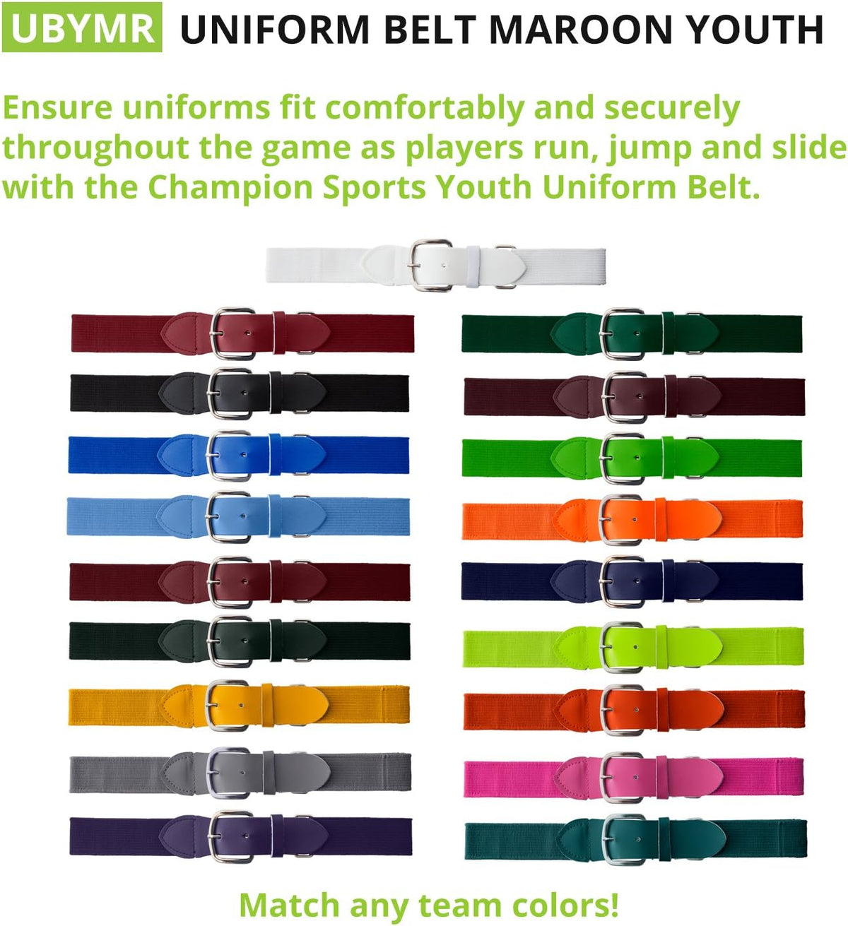 Champion Sports Baseball/Softball Uniform Belt, Comfort Stretch Fit Durable Syntex Tab - Youth & Adult Sizes, Multiple Colors