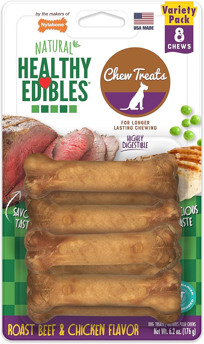 Nylabone Healthy Edibles Natural Dog Chews, Long Lasting Bones for Dogs, Roast Beef & Chicken Flavor Dog Treats, X-Small (8 Count)