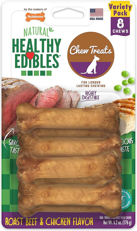 Nylabone Healthy Edibles Natural Dog Chews, Long Lasting Bones for Dogs, Roast Beef & Chicken Flavor Dog Treats, X-Small (8 Count)