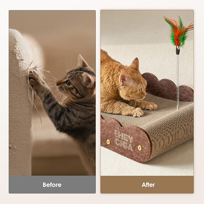 EHEYCIGA 26'' Large Cardboard Cat Scratcher Bed with 2 Cat Teaser Toy | Extra Large Fun Zone, Orthopedic Cat Couch Scratcher for Indoor Cats, Durable Cat Scratching Board, Easy Install