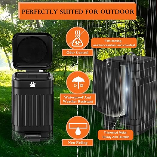 Dog Poop Trash Can Outside - 5L/1.3Gal Small Trash Can with Lid, Black | Outdoor Dog Poop Trash Can with 40 Bags, Pedal, Removable Inner Bin, Metal Dog Waste Trash Can with Soft Close, Odor Control