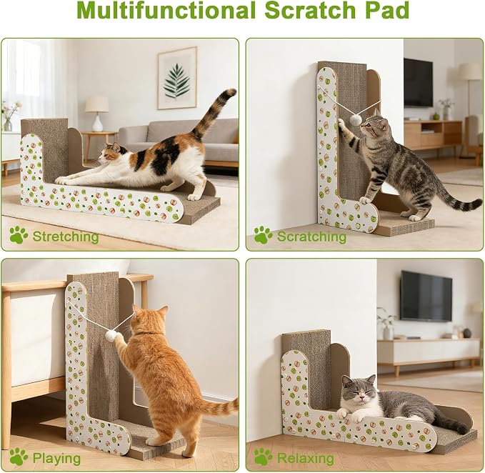 TIMHAKA Cat Scratcher, Large L-Shaped Cat Scratching Board for Indoor Cats, Double-Sided Cardboard Cat Scratcher with Ball Toy & Catnip, Vertical Cat Cat Scratcher Pad Wall Mounted, Big Size