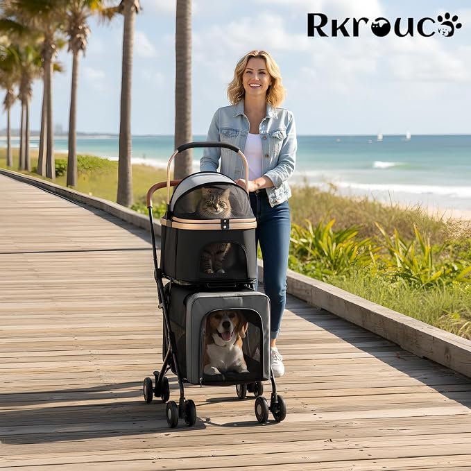Foldable Double Pets Stroller for Dog Portable Cat Strollers for Small Medium Pet with Detachable Carriers Flexible Lockable Wheels Lightweight Dogs Jogger Strolling Cart Up to 77Lbs (Black)