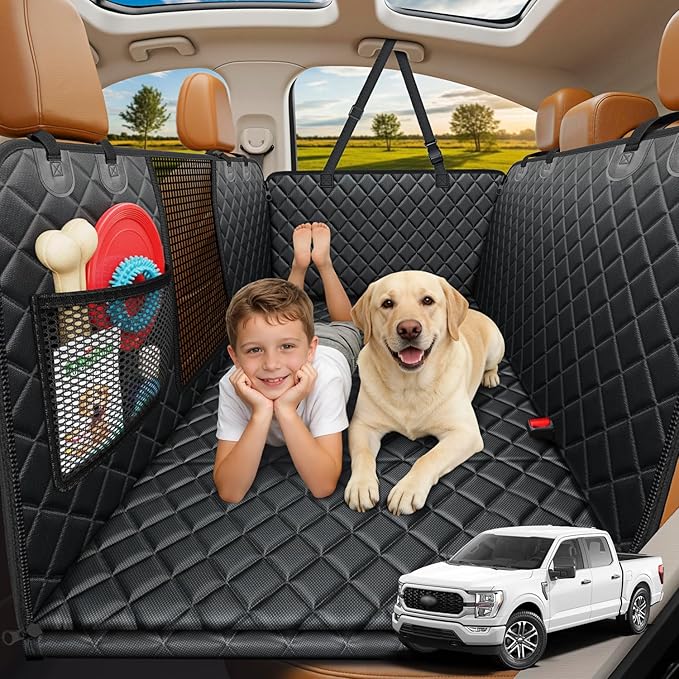 URPOWER XL Dog Backseat Extender for Full-Size Crew Cab Truck, Hard Bottom Dog Car Seat Cover for Back Seat Holds 400lbs, Waterproof Dog Hammock Pet Rear Seat Protector Travel Bed for F150 / Silverado