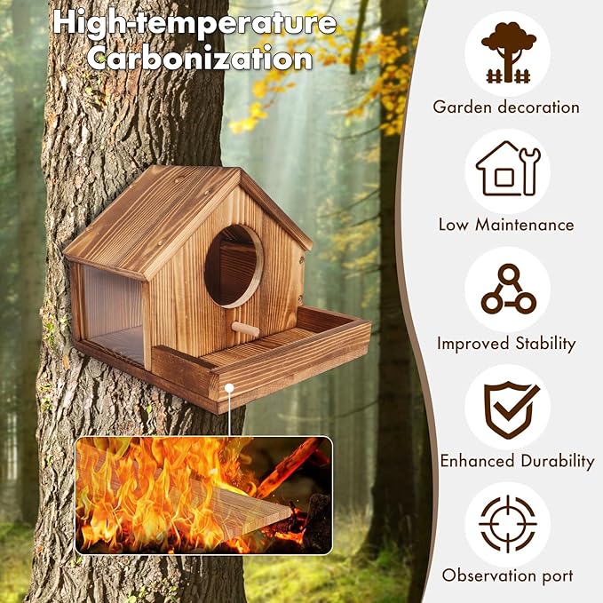 Bird Houses for Outside, Natural Wooden Birdhouse with Viewing Window & Drainage, Weather-Resistant, Tree/Wall Hanging Garden Decor, Gift for Bird Lovers