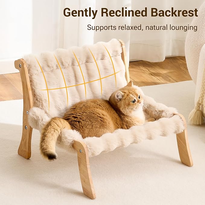 Solid Wood Cat Couch Bed for Indoor Cats, Modern Cat Sofa with Ultra-Soft Plush Surface Washable, Reclined Backrest, Elevated Plush Cat Lounge for Small to Adult Cats, Soft Khaki