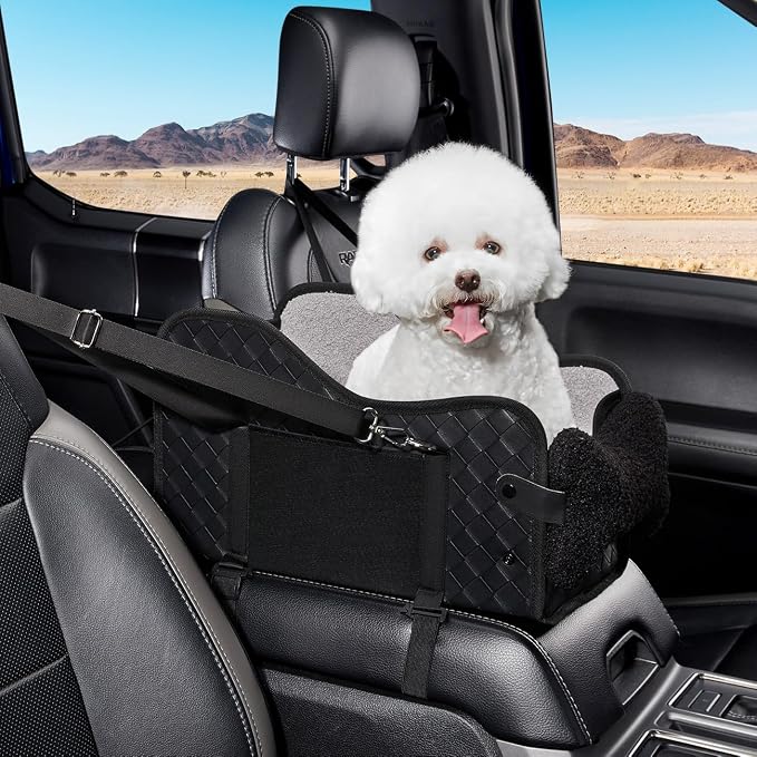 TKYZ Center Console Dog Car Seat for Small Dogs,for Car/SUV/Small Truck | Soft Pillow,Double fixation,PU Leather Easy To Clean,Pet Booster with Safety Belt,Puppy Car Seat for Small Dogs 0-11 lbs