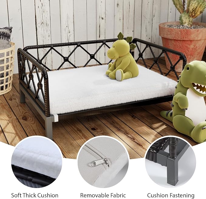 Indoor & Outdoor Dog Bed, Elevated All-Weather Wicker Pet Sofa with Washable Waterproof Cushion, Durable Rattan Dog Couch for Small Dogs, Black Rattan/White Mat