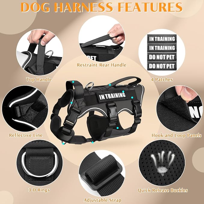 Escape Proof Dog Harness with Double Handle+4 Removable Patches | Service Working Molle Harness with Double Handle for Medium Dogs, Tactical Pet Reflective Vest for Walking Hiking Hunting