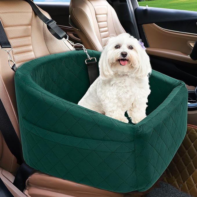 NEEZUKAR Dog Car Seat for Small Medium Dogs,Detachable Washable Dog Booster Seat Under 30lbs, Pet Car Seats Travel Bed with Storage Pockets and Safety Belt(Green)