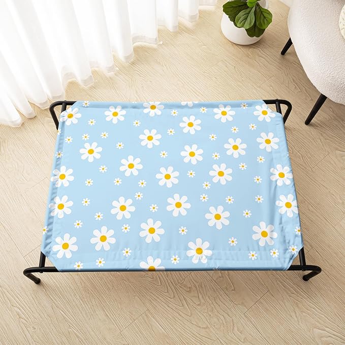 Blue Daisy Pattern Orthopedic Elevated Dog Pet Bed(35"X25"X8"),with Metal Frame,Printing Breathable Waterproof Dog Kennel,Sleeping Bed Set for Small Medium Large Dogs Cats,for Home,Outdoor Use