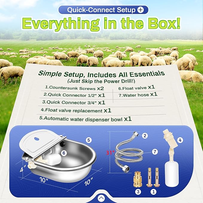 Automatic Animal Drinking Water Bowl with Float Valve, Standard Pipe,3L Stainless Steel Waterer Feeder Farm Dog Dispenser Kit Self Filling for Livestock Horse Goat Water Trough
