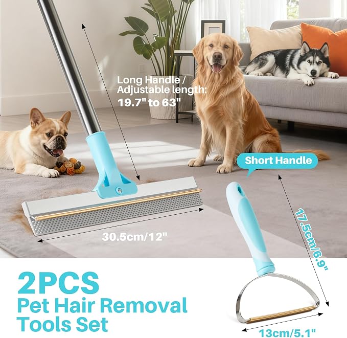 JOYMOOP 2 PCS Carpet Rake for Pet Hair Removal, 63" Adjustable Long Handle and Short Handle Carpet Scraper for Rugs, Sofa,Cloth, Metal & Silicone Dog Hair Carpet Rake