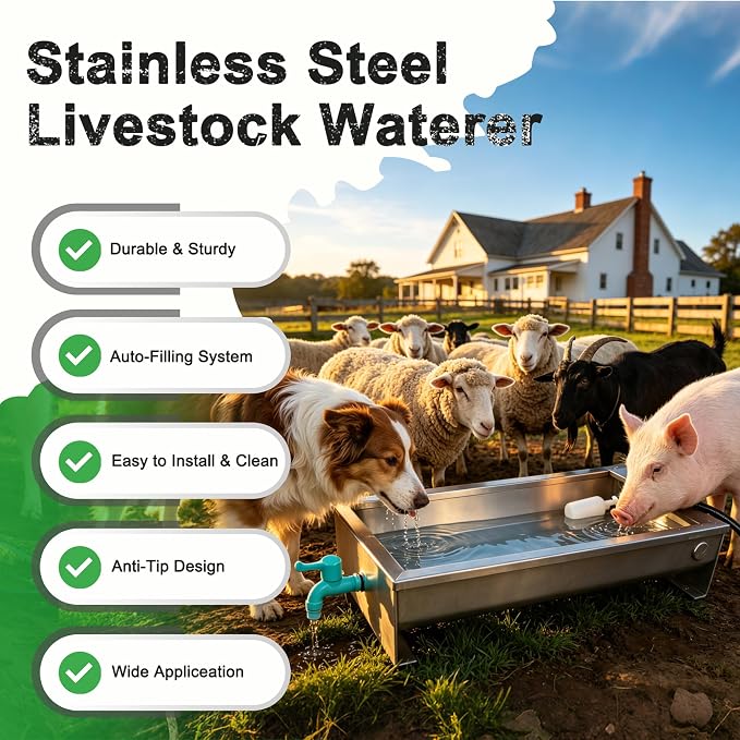 Automatic Livestock Waterer Drinking Trough Large Dog Water Bowl Dispenser 3 Gallon Stainless Steel with Float Valve for Cattle Chicken Goat Horse Pigs Poultry Outdoor Animals