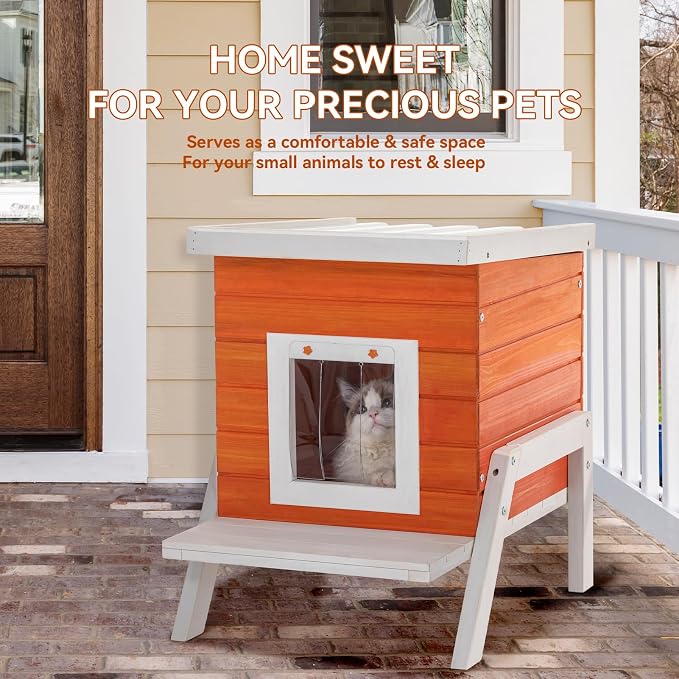 PETSFIT Outdoor Cat House Insulated - Thicken High Feet, Expanded Feeding Station, Weatherproof Durable Roof, Outside Cat House, Bunny Rabbit Hutch, Orange