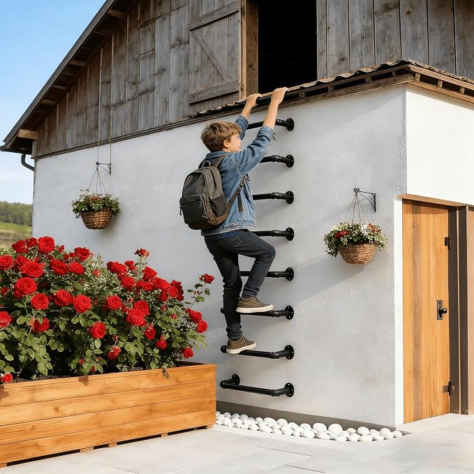 Wall Mounted Ladder, 1 Rung Industrial Steel Rung - 8 Pack for Warehouse & Basement Safety | 700LB Capacity, Black Anti-Rust Metal, Universal Mounting Kit for Wood & Masonry Walls