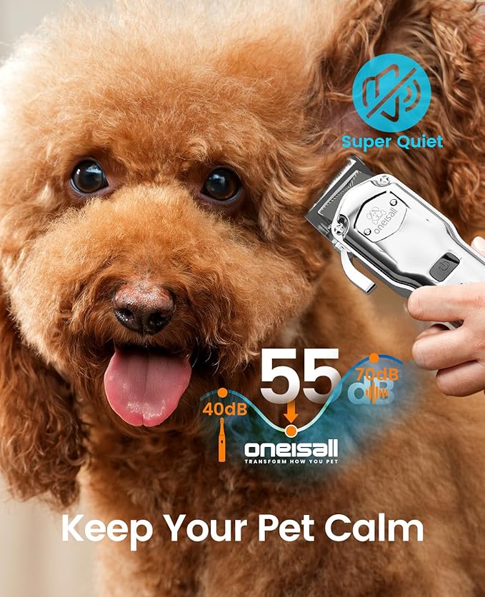 oneisall Professional Dog Grooming Clippers: Cordless Rechargeable Thick Hair Clipper with Detachable Metal Combs, Low Noise Heavy-Duty Pet Clippers for Curly/Fine/Wavy Hair, 676pro (Silver)