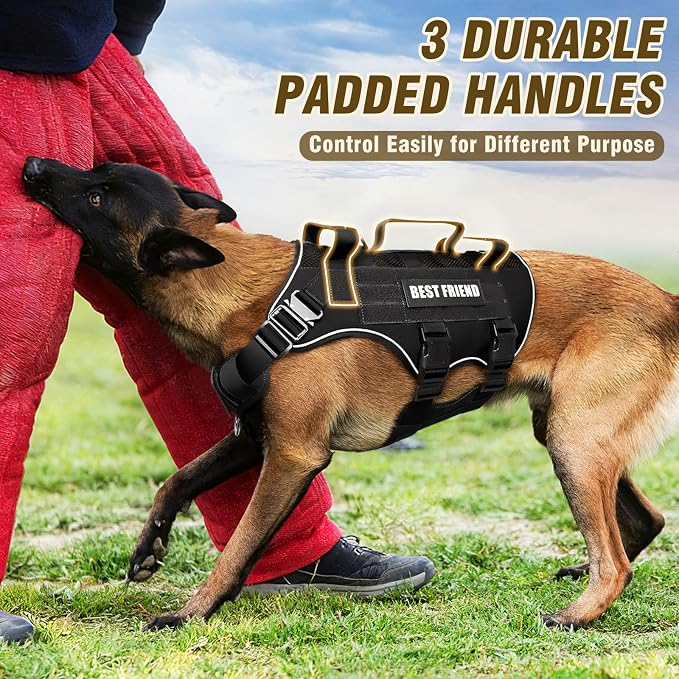 Air Mesh Tactical Dog Harness with Metal Buckles&MOLLE,Black Large | Breathable Adjustable No Pull Service Dog Vest with 3 Padded Handles,Military Dog Harness for Training Hiking Hunting Working