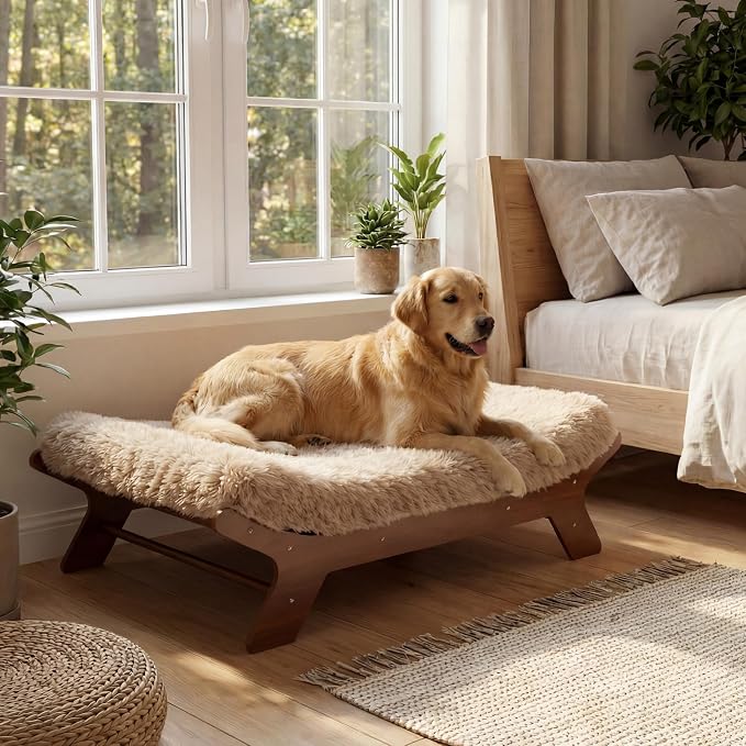 Elevated Wood Dog Bed Frame Mat Set, WalnutPattern, X-Large | Raised Sturdy Attractive Dog Sofa Couch Furniture,110 lb