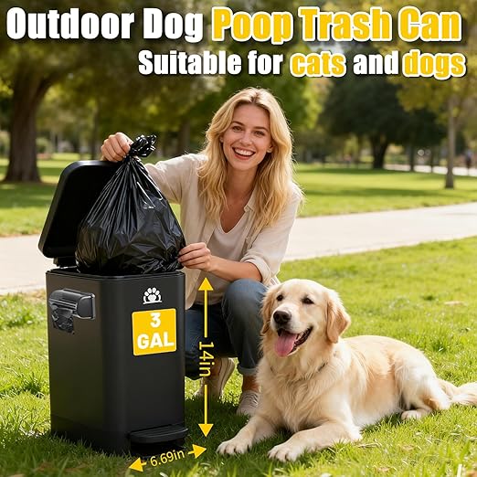 Dog Poop Trash Can Outside,3Gal Metal Outdoor Trash Can,Outdoor Dog Poop Trash Can with Lid for Odor Control - Includes Poop Scooper for Dogs & Bin Bag Holder (Black)
