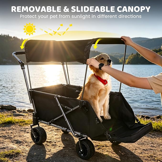 REDCAMP Folding Dog Wagon with Canopy, 110lbs Heavy Duty Pet Stroller | 17.3" Extendable Rear Ramp for 2 Medium Dogs, All-Terrain Dog Cart with Brakes & Push Handle for Senior Pet, Black