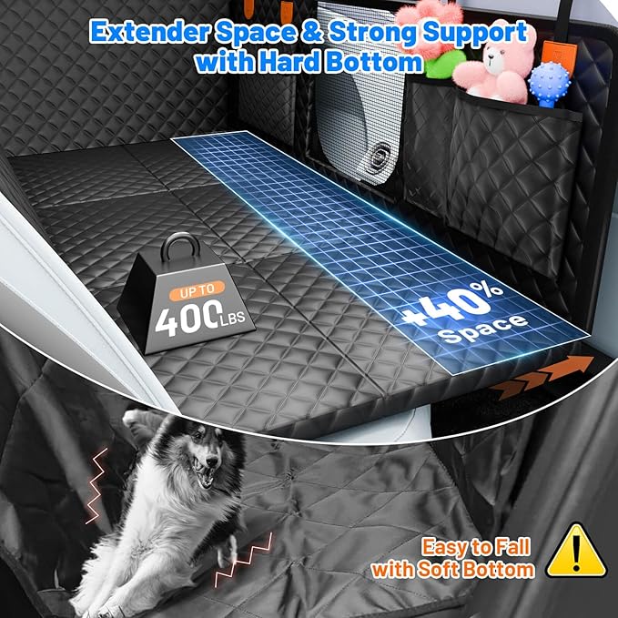 Dog Car Seat Cover for Back Seat,Hard Bottom Hammock Hold 400lbs For Cars | Hold 400lbs,Waterproof,Anti-Scratching,Safety Non-Slip,600D Oxford,Mesh Window,Storage Pocket,for Cars/SUV/ Sedans/MPV