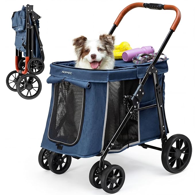 Medium Dog Stroller, Dual Entry One-Touch Folding,Small and Medium Pet Stroller,360° Rotating Front Wheels,70 lbs Weight Capacity for Outdoor Travel and Elderly Dogs - Blue