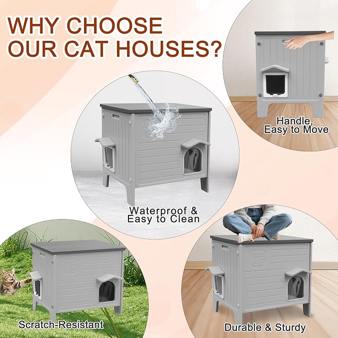 Cat House Outdoor with Cat Mat Weatherproof Plastic Cats Shelter Outside | with Escape Door, Weatherproof Waterproof Cat House Indoor Outdoor
