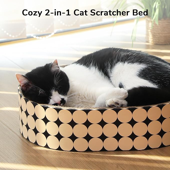 FUKUMARU Cardboard Cat Scratcher Bed, 2-in-1 Oval Cat Scratch Pad | Cats Scratching Board Lounge Bed Indoor, Durable Modern Kitty Scratcher Bowl, Cats Scratch Furniture Protector, Polka Dot