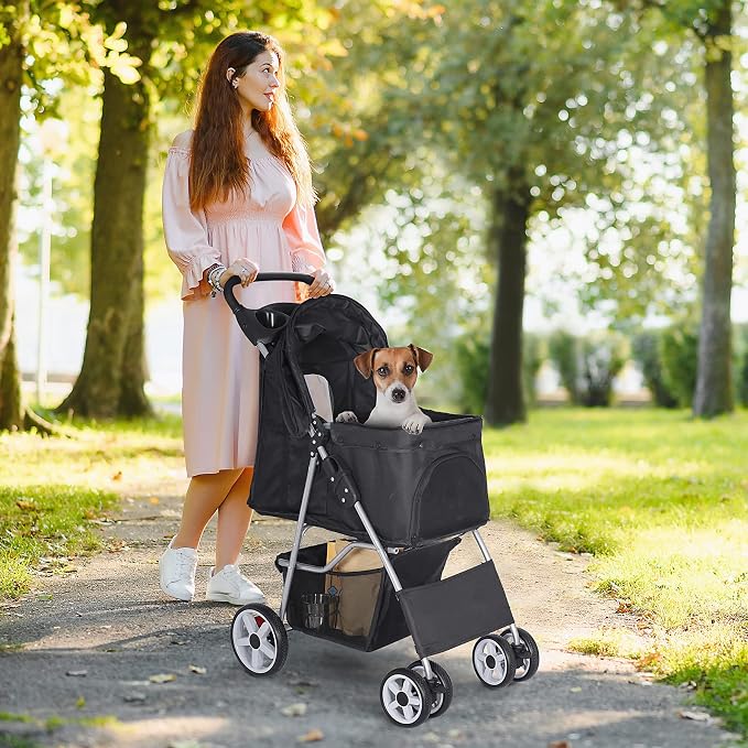 Pet Stroller for Medium Small Dogs - Easy to Walk Folding Travel Carrier Strolling Cart with Cup Holder, Weather Cover and Storage Basket'