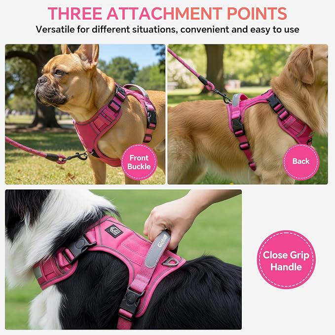 Heavy Duty Tactical Dog Harness for Medium Dogs, No Pull Dog Harness with Handle & Front Clip, Reflective Soft Padded, Hook and Loop Panel, Dog Vest for Walking, Service Training, Hotpink
