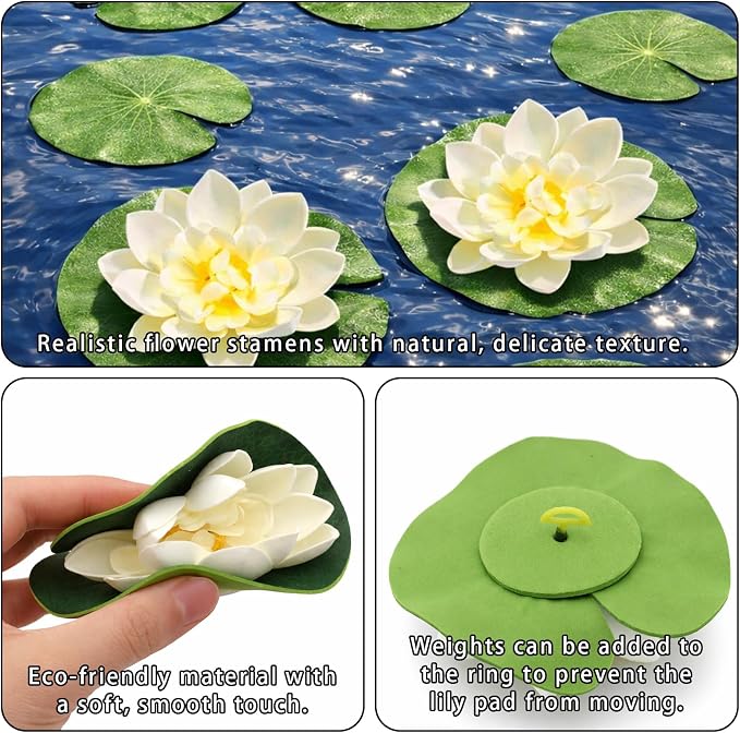12PCS Artificial Floating Lily Pads Set, 8 Realistic Lily Pads, 2 Lotus Flowers & 2 Floating Frogs, Pond Pool Fountain Water Feature Decorations
