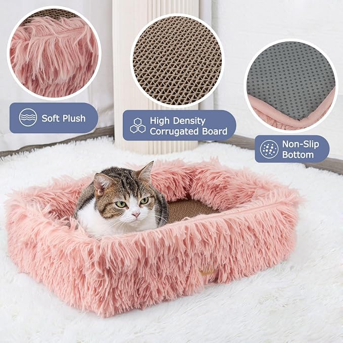 Cat Lounge Scratcher Box with Removable Cardboard (Pink) | High-density Corrugated Cardboard with Double-sided Use, Soft Long Plush, Release Stress and Protect Furniture