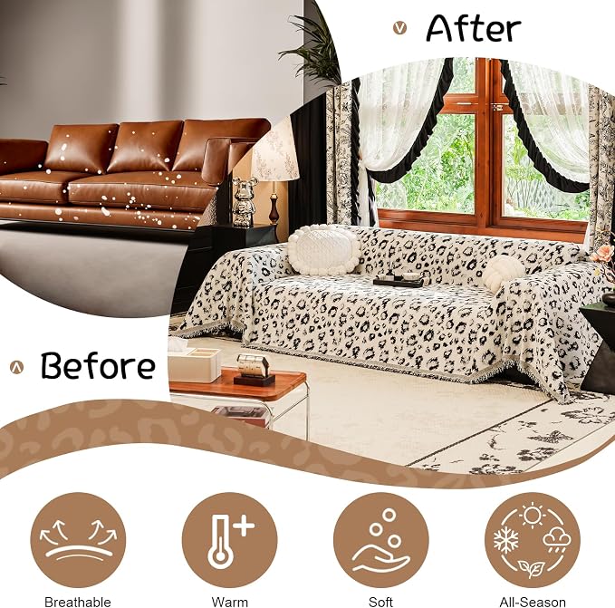VClife Stylish Animal Leopard Print Couch Cover, Extra Large Furniture Protector for Dog, Breathable Soft Couch Covers for 3 Cushion Couch Sofa, Versatile Home Furniture Protector, Black, 71''x134''
