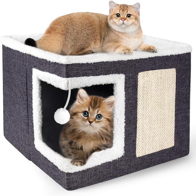 Loyareal Cat Houses for Indoor Cats - Large Cat Bed Cave with Scratch Pad and Fluffy Ball, Foldable Cat Condo Hideaway with Reversible Cushion for Multi Small Pet, Dark Grey