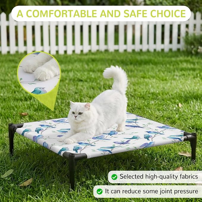 Outdoor Elevated Dog Bed for Small Dogs, Cute Birds Ombre Blue Breathable Cooling Raised Dog Cot for Indoor/Outdoor, Spring Country Animals Branches Waterproof Elevated Pet Beds, S 20 x 20 in