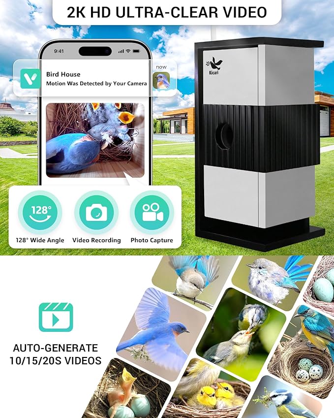 Kicari Bird House with Camera 2K HD, Solar & Battery Powered, Dual Night Vision, PIR Motion Sensor, Two-Way Audio, WiFi App Control, Weatherproof Wooden Smart Bluebird Nest Box for Outdoor Use, Gray