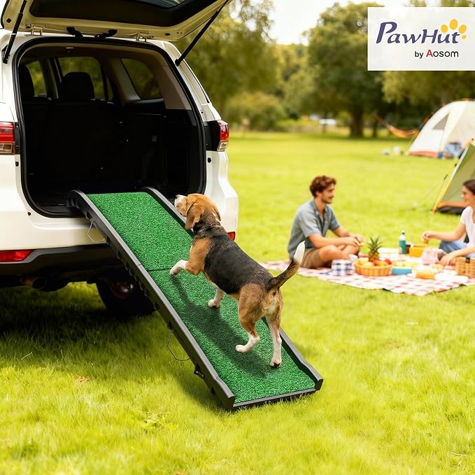 PawHut Folding Dog Ramp, 61 Inches Portable Pet Ramp with Grass Surface | for Car, Truck, SUV, Non Slip with Raised Side Rails