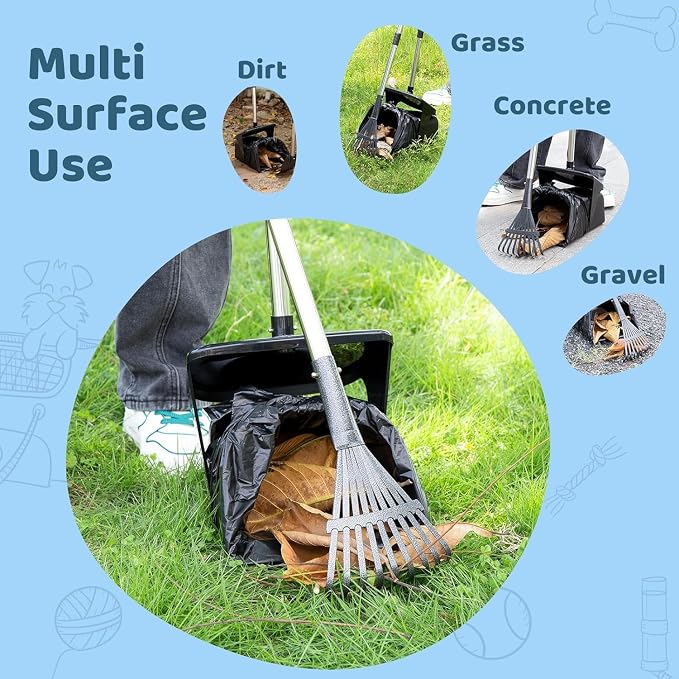 2pcs Heavy Duty Dog Pooper Scooper with 40 Bags, Long Handle Swivel Bin & Rake Spade for Large Medium Dogs, Pet Waste Removal for Yard Grass Gravel, Easy to Clean