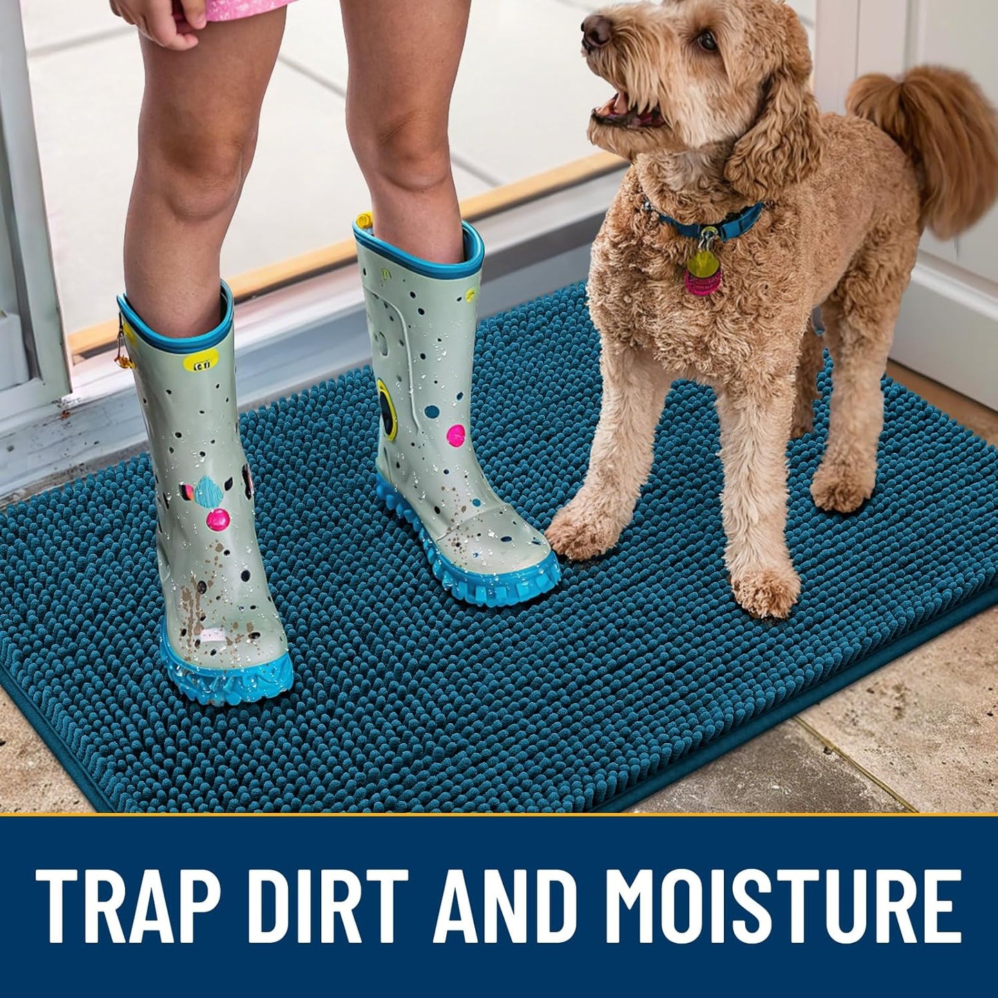 Smiry Dog Door Mat for Muddy Paws 59x35, Absorbs Moisture and Dirt Doormat, Non-Slip Washable Quick Dry Chenille Front Door Mat Indoor Entrance, Entryway Carpet for Inside Floor, Atlantic Blue