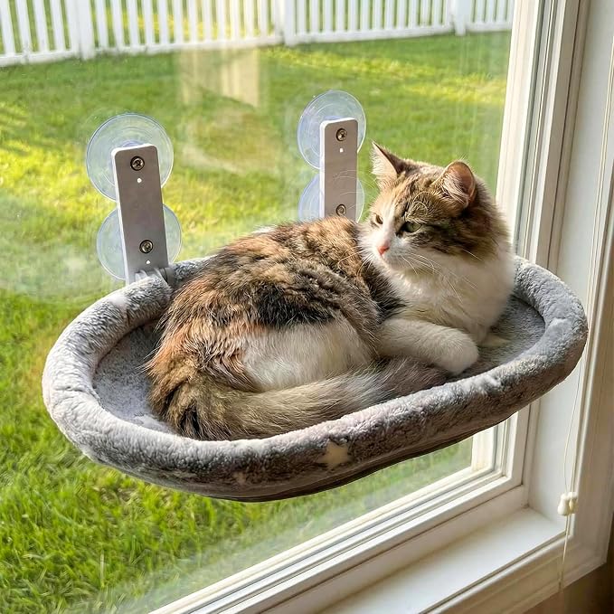 Cat Window Perch Hammock - Glow in the Dark Cordless Foldable Pet Bed with Sturdy Metal Frame & Strong Suction Cups, Star Print Resting Seat for Indoor Cats with Removable Washable Cover