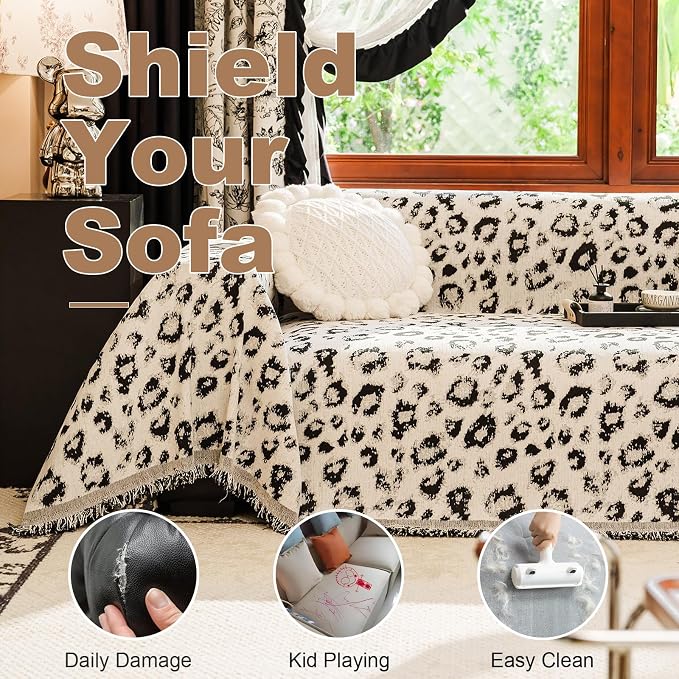 VClife Stylish Animal Leopard Print Couch Cover, Extra Large Furniture Protector for Dog, Breathable Soft Couch Covers for 3 Cushion Couch Sofa, Versatile Home Furniture Protector, Black, 71''x134''