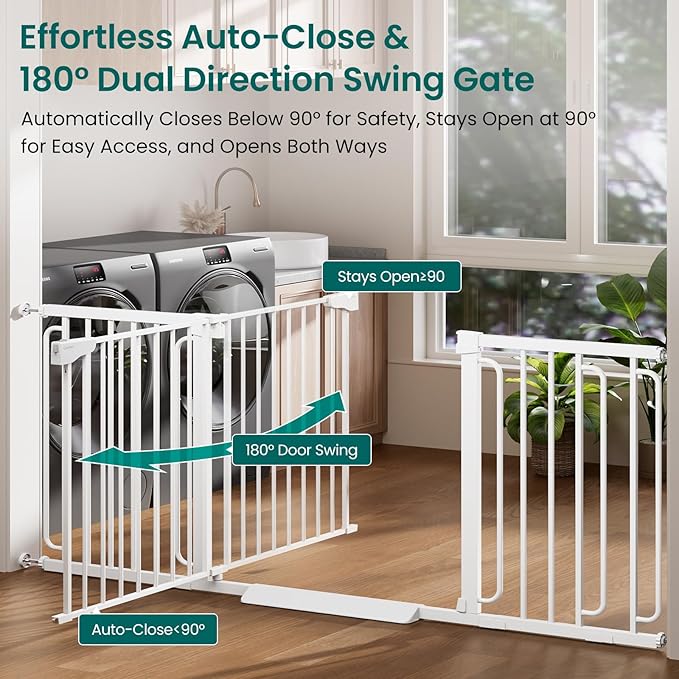 Cumbor Extra Wide Baby Gate, 36.6-69" Walk-Through Dog Gate for Stairs, Doorways & Hallways, 30.5“ Tall, Auto-Close & Dual-Swing Safety Child Gate Indoor, Easy Install Pressure-Mounted Pet Gate, White